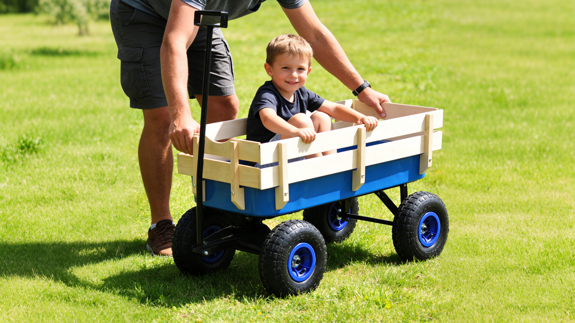 Outdoor Wagon All Terrain Pulling Wood Railing Air Tires Garden Cart