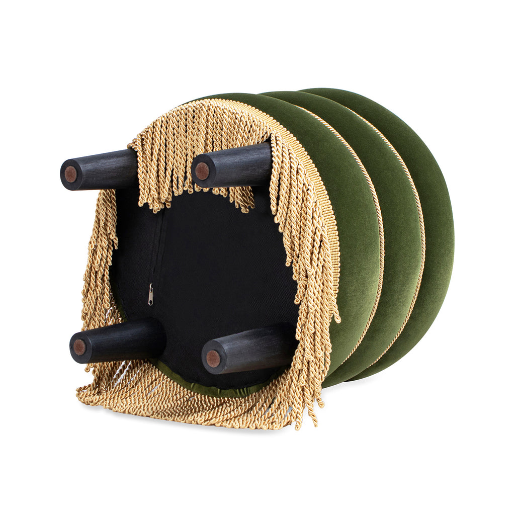 Edward 17.5" Round Upholstered Ottoman with Bullion Fringe, Olive