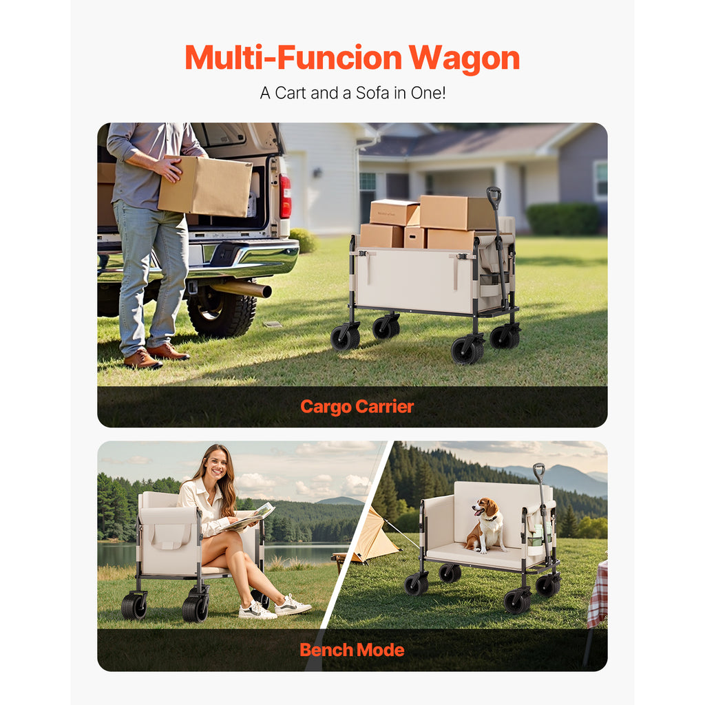 Foldable Wagon Cart Converts to Bench - 550lb Load & 220L Utility Wagon for Camp