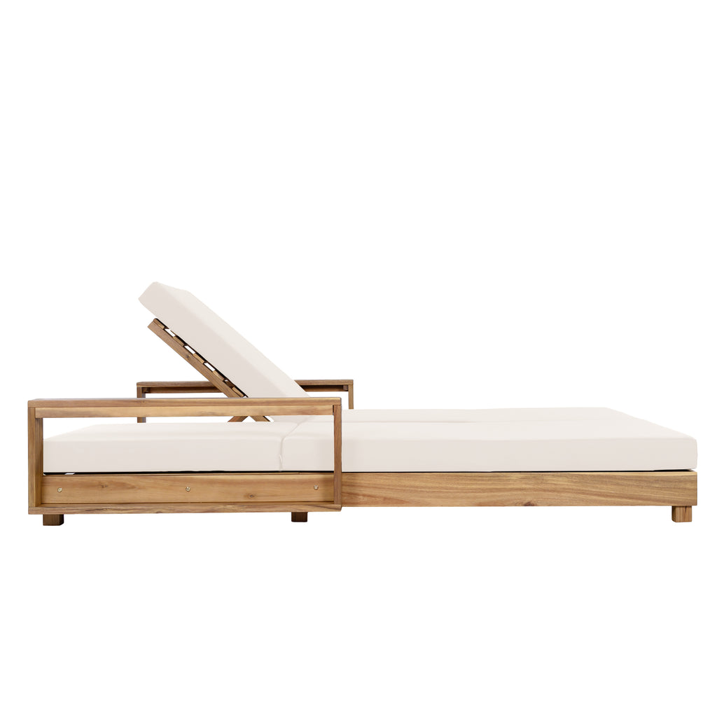Double Acacia Wood Chaise Lounge Set, 1 Double Recliner with 2 Pieces 2-Fold