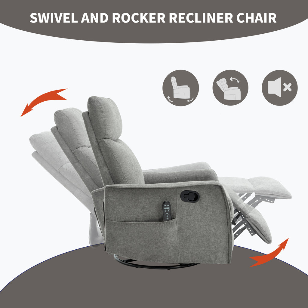 Heat Massage Manual Recliner Chair with Rocker and Swivel in Fabric