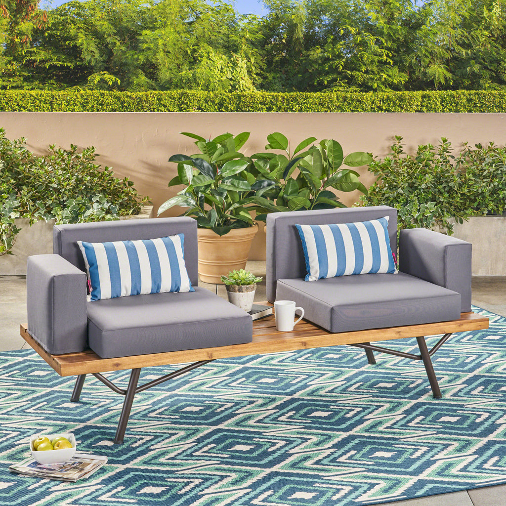 Outdoor Acacia Wood 2 Seater Sofa with Metal Legs