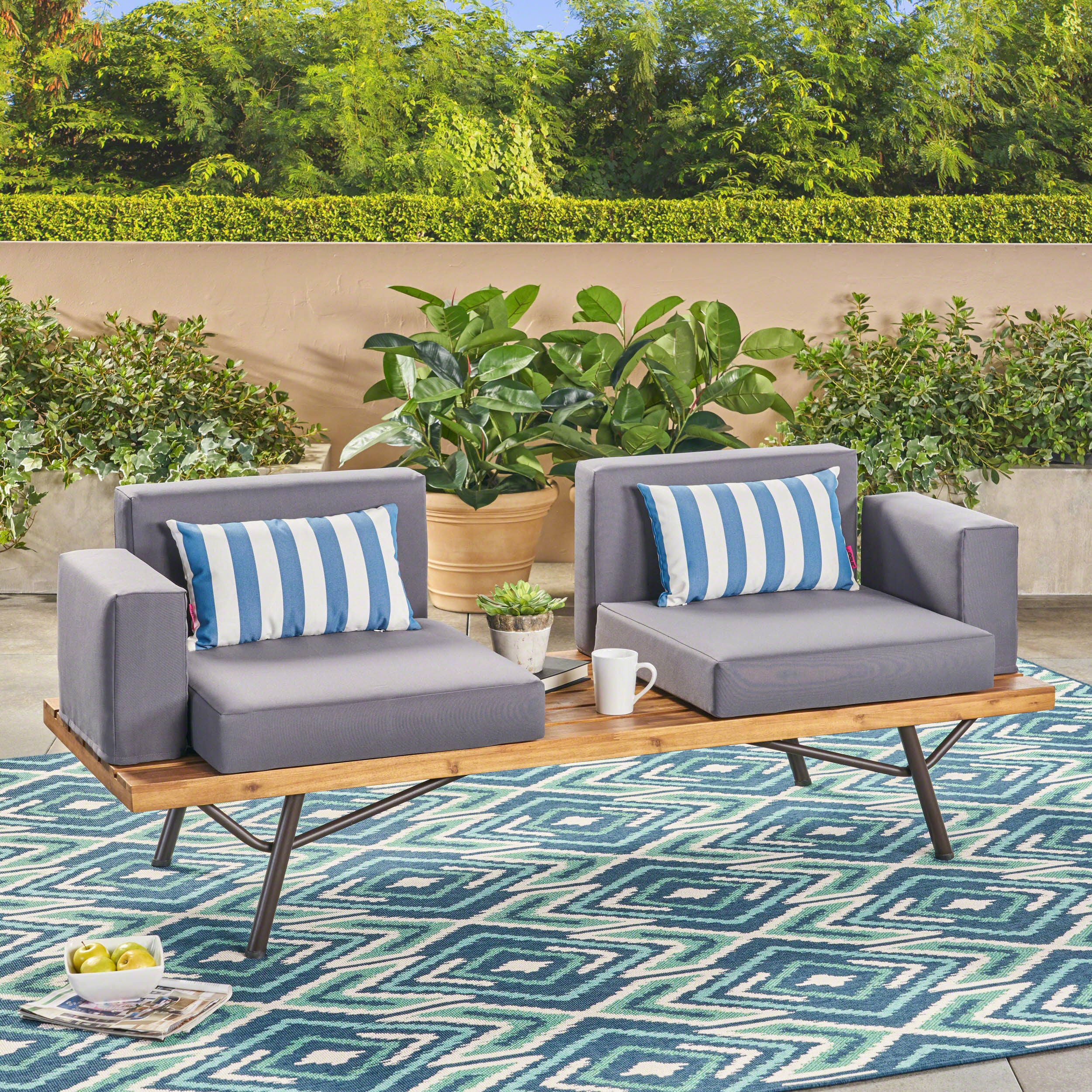 Outdoor Acacia Wood 2 Seater Sofa with Metal Legs