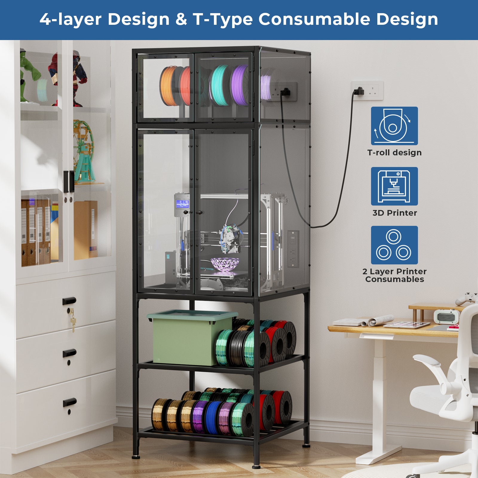 3D Printer Cabinet with Double Layer 3D Printer Filament Storage Rack