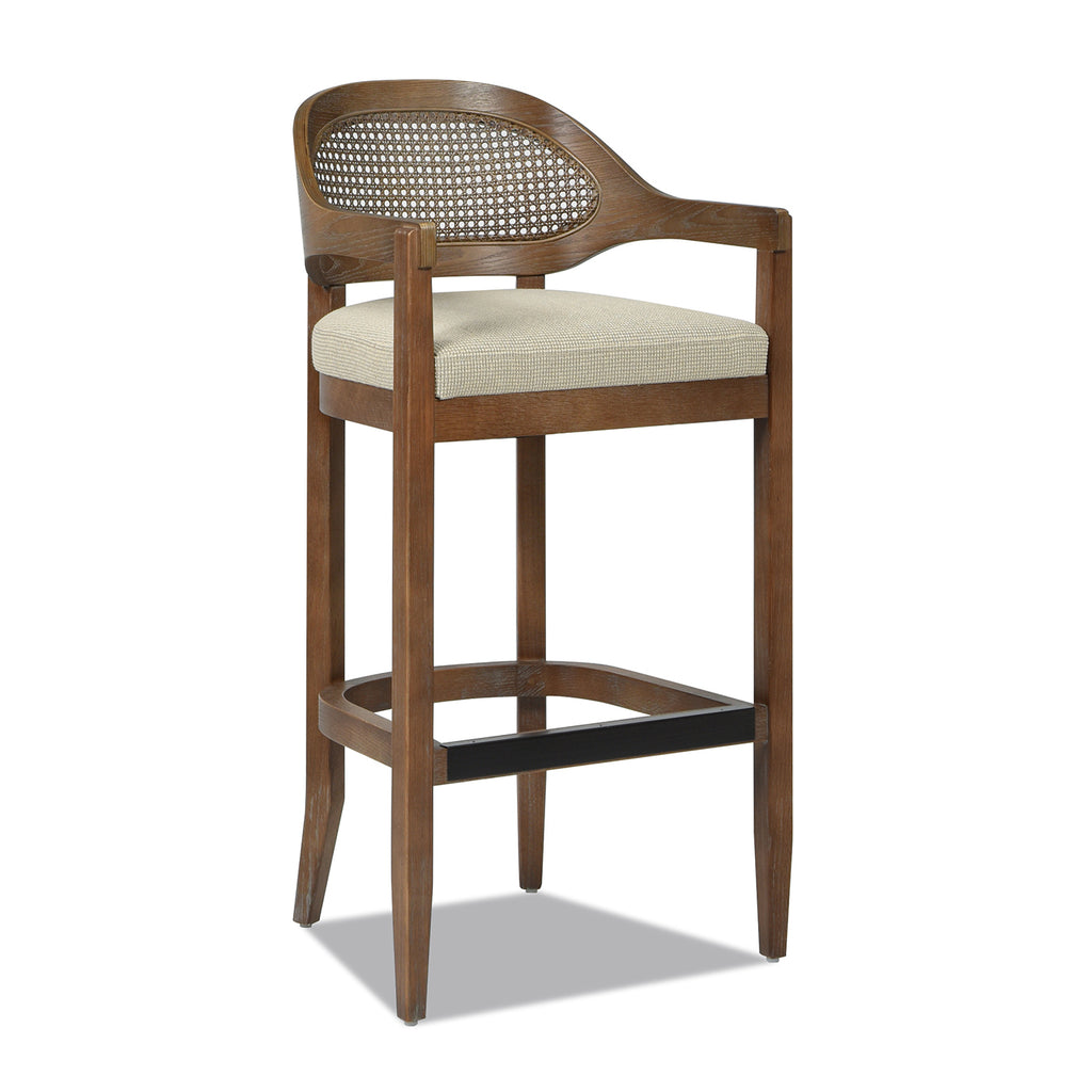 Americana Mid-Century Modern 30.5 Inch Cane Back Bar Stool, Beige