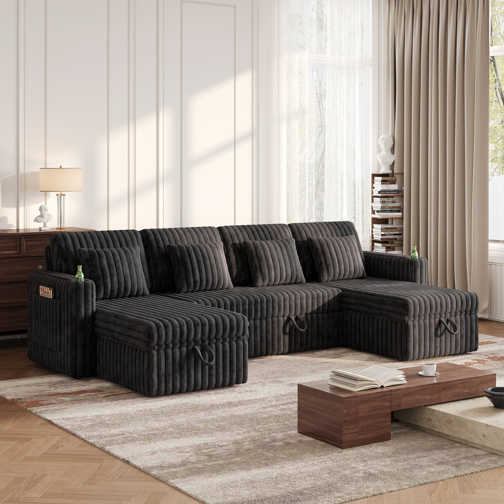 U Shaped Plush Corduroy Sectional Sleeper Sofa