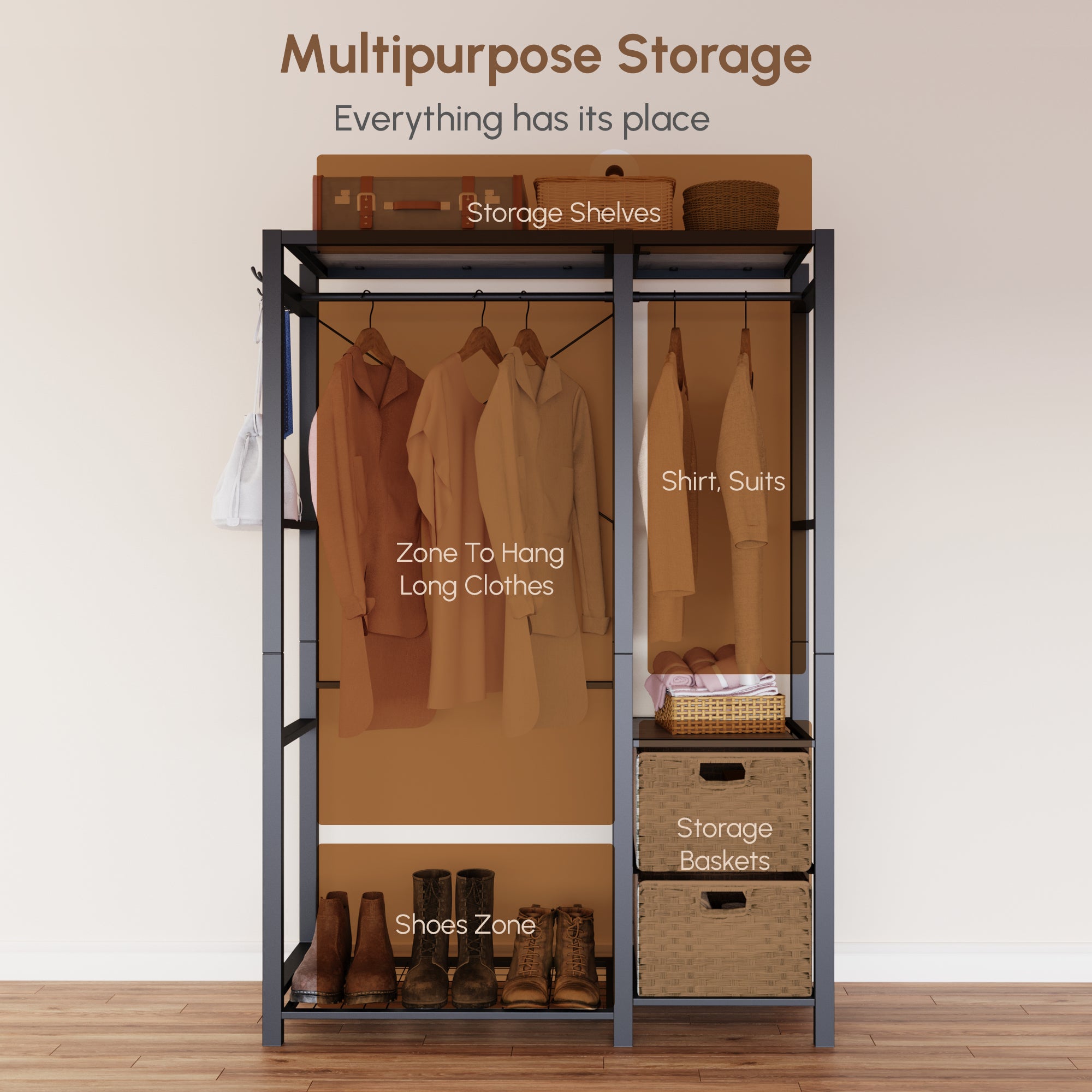 Acacia Wood Garment Racks with Shelves and Wicker Drawers