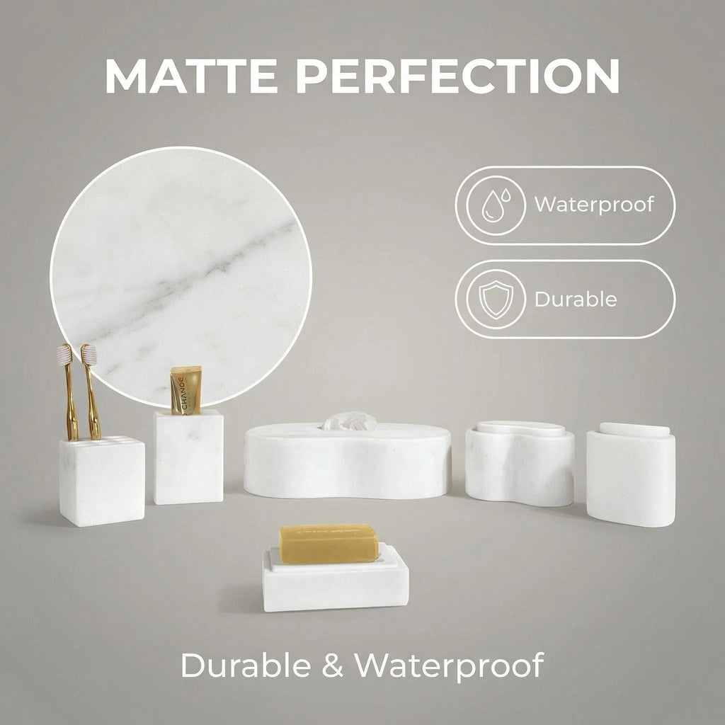 White Natural Marble 6-Piece Bathroom Accessories Set, Honed Finish