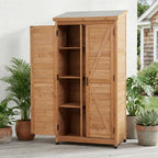 Outdoor Wooden Storage Shed with Metal Top Tall Vertical Tool Cabinet
