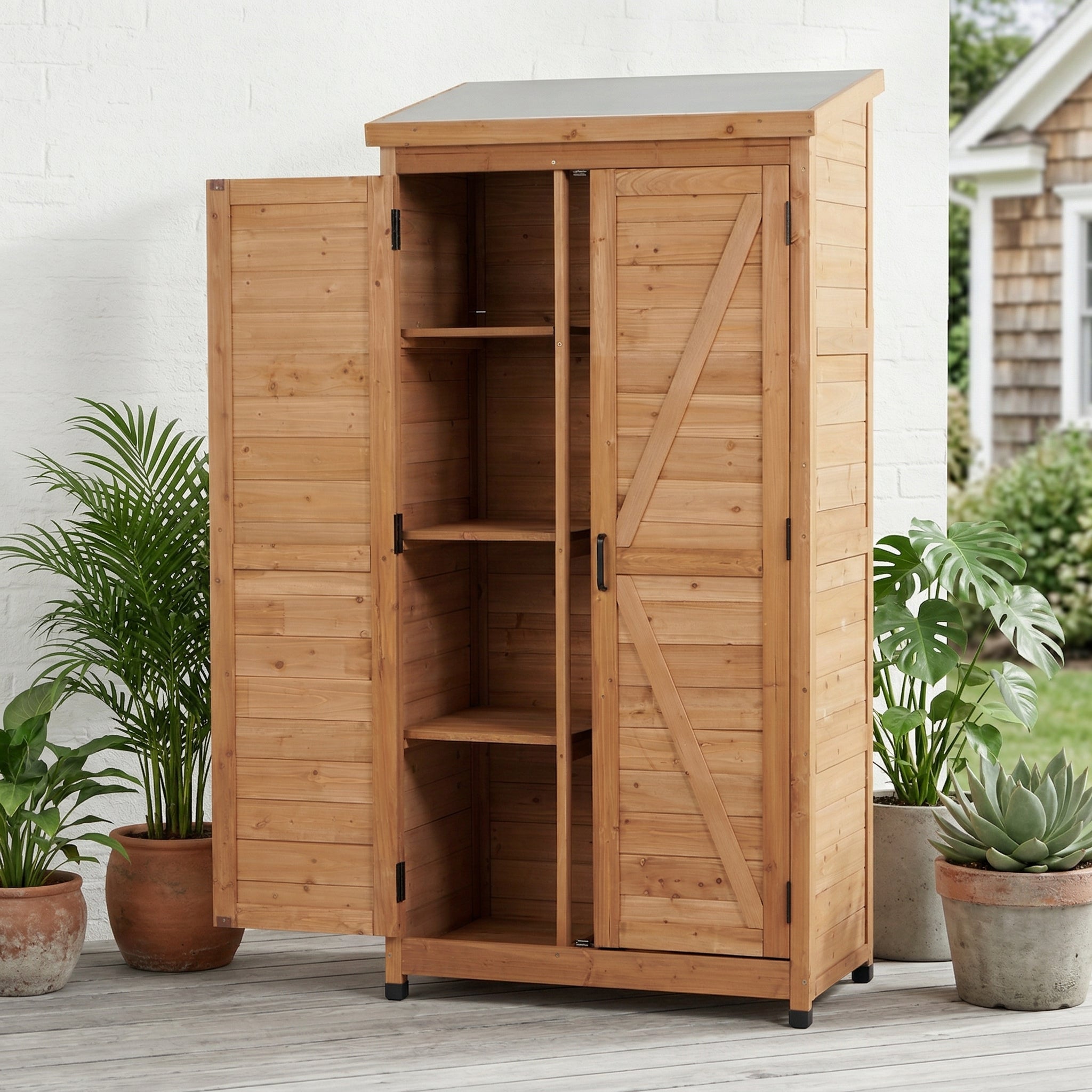 Outdoor Wooden Storage Shed with Metal Top Tall Vertical Tool Cabinet