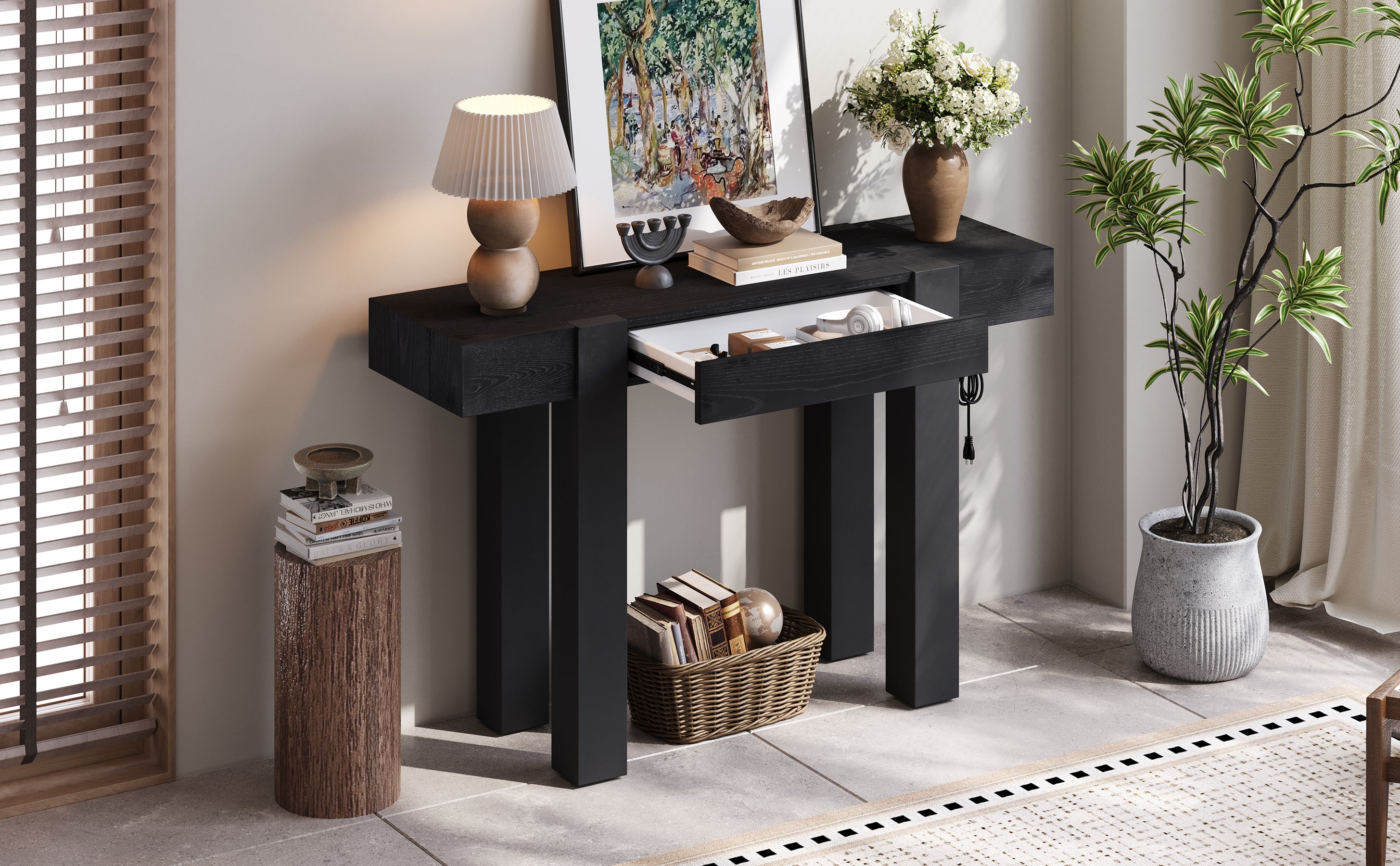 TREXM Rustic Minimalist Console Table with Hidden Drawer