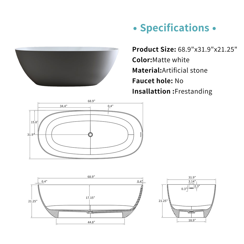 69'' Freestanding Bathtub Resin Stone Soaking Bathtub