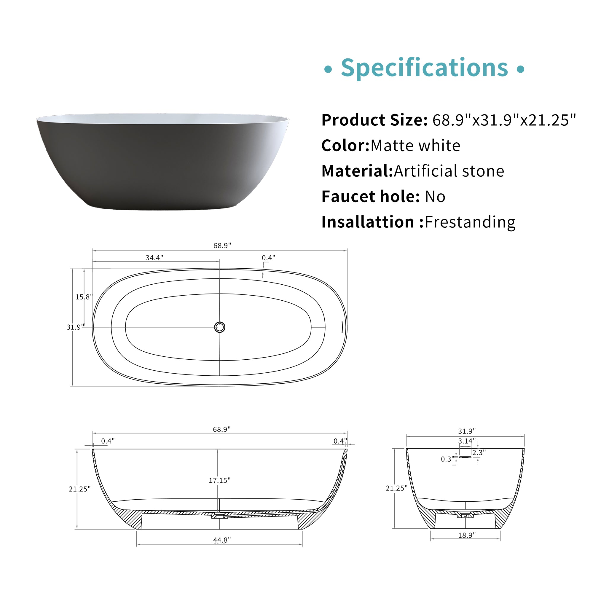 69'' Freestanding Bathtub Resin Stone Soaking Bathtub