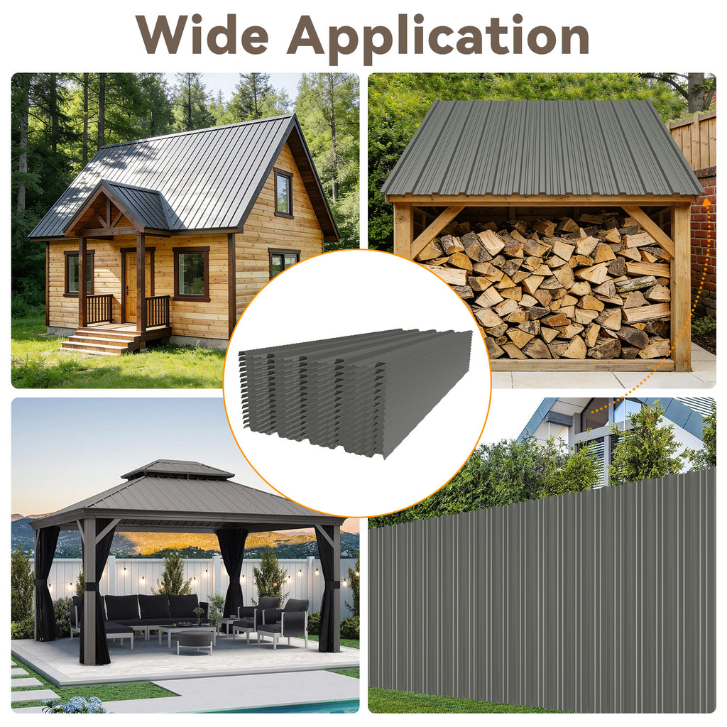 20-Piece Galvanized Steel Corrugated Roof Panels, 61×19 Inch, Gray