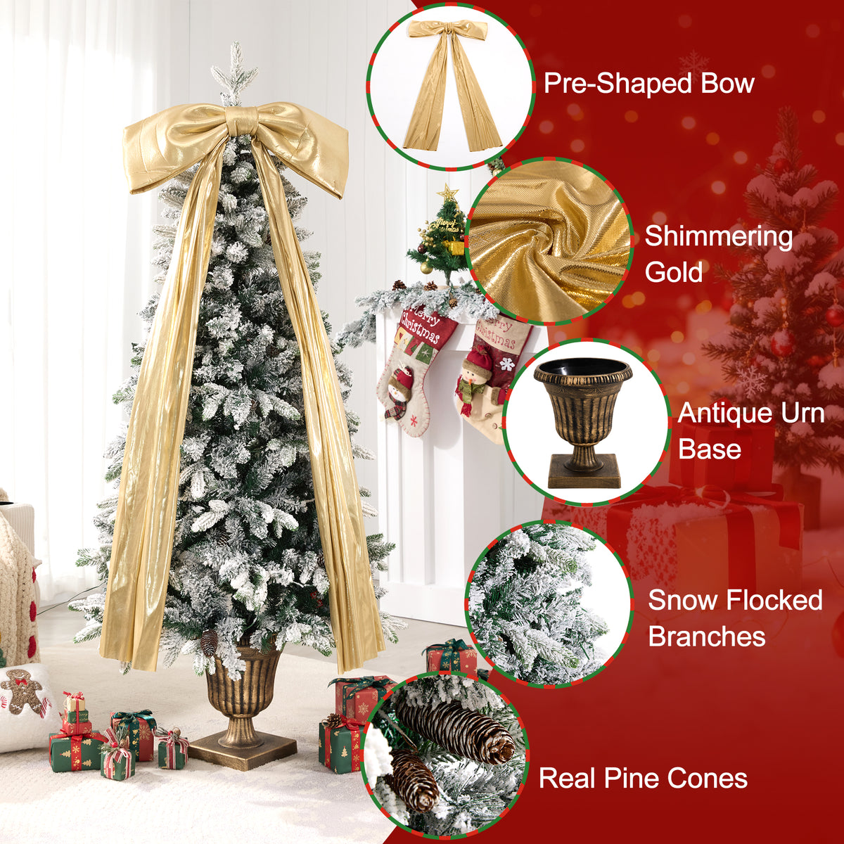 6FT Pre-Lit Flocked Christmas Tree with Real Pine Cones