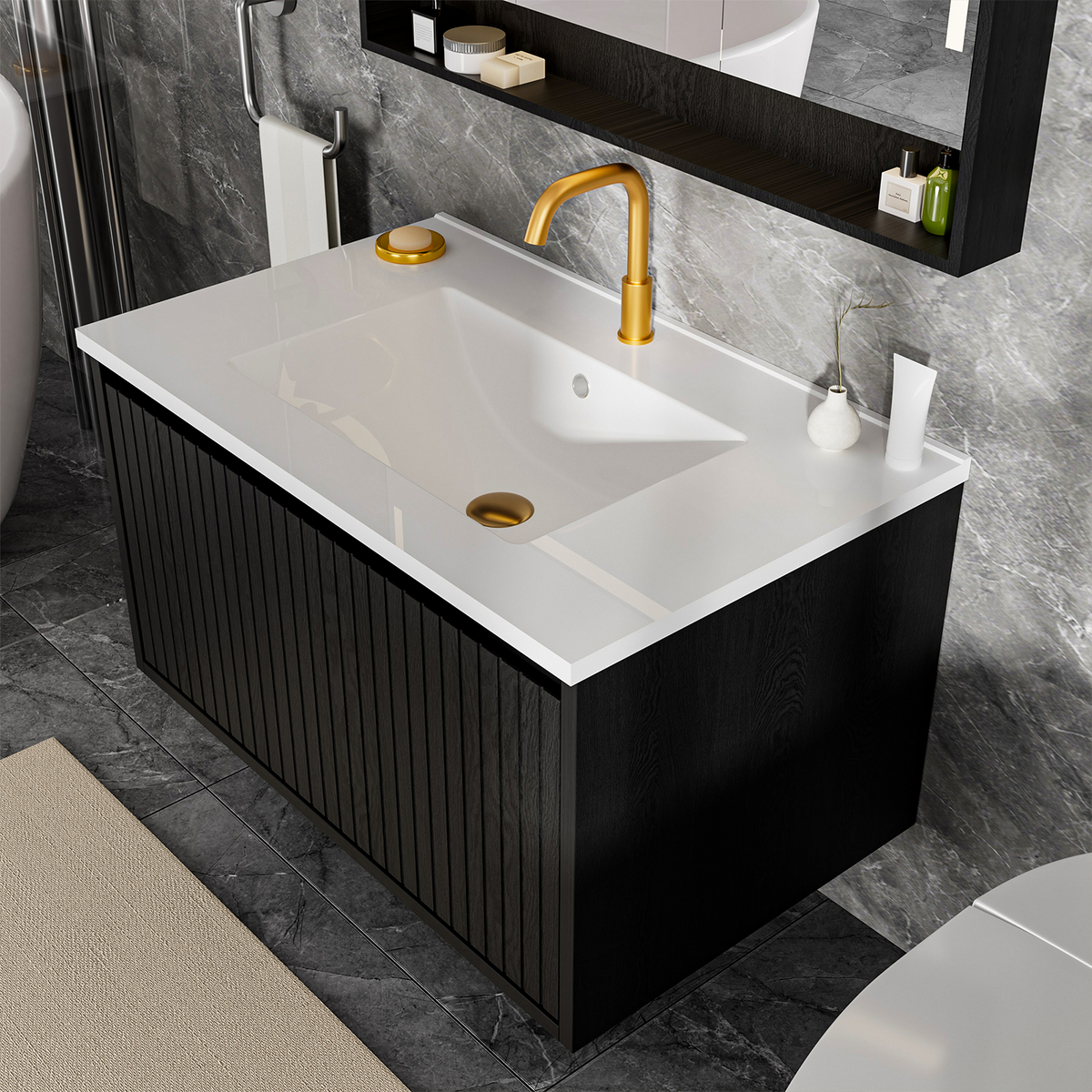 30-Inch Wall-Mounted Bathroom Vanity Cabinet with Ceramic Sink, Black