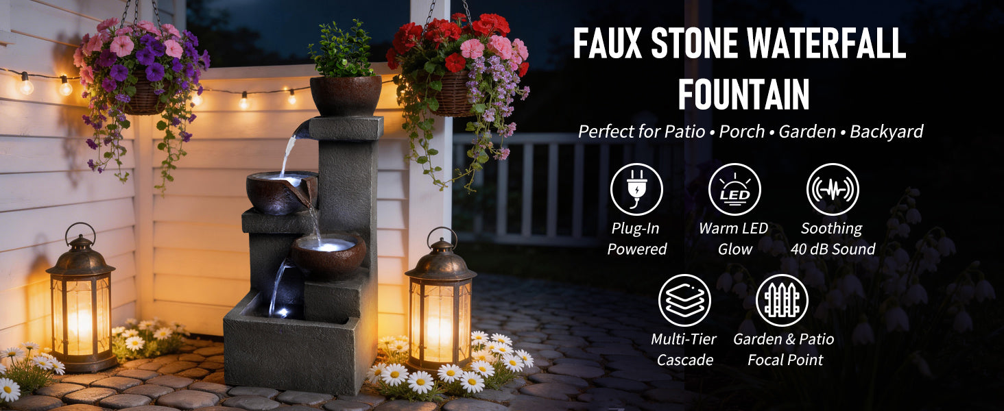 Outdoor Water Fountain Tiered Cascading Jar Waterfall Resin Garden Patio Decor with LED Lights