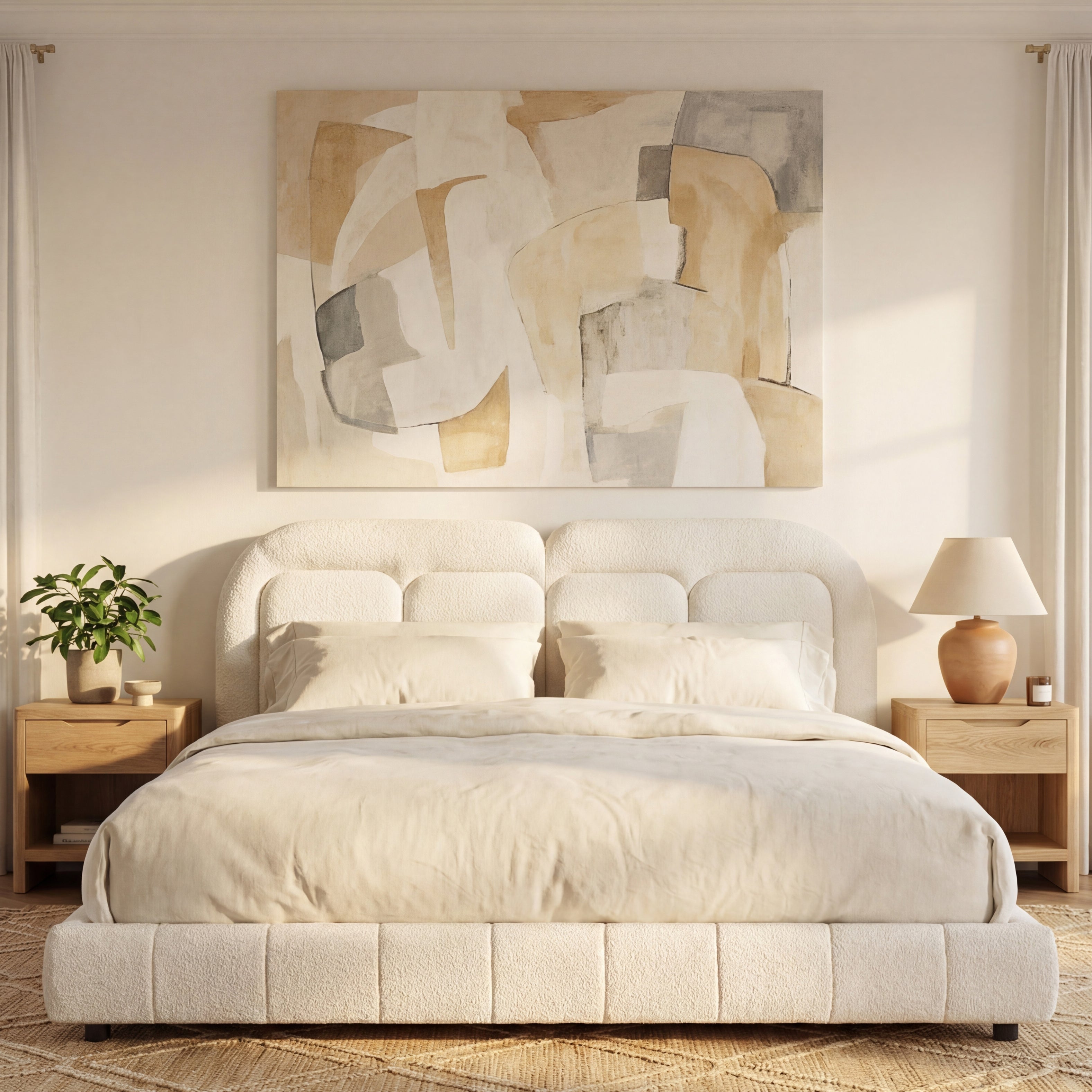 King Size Boucle Upholstered Platform Bed with Tufted Headboard