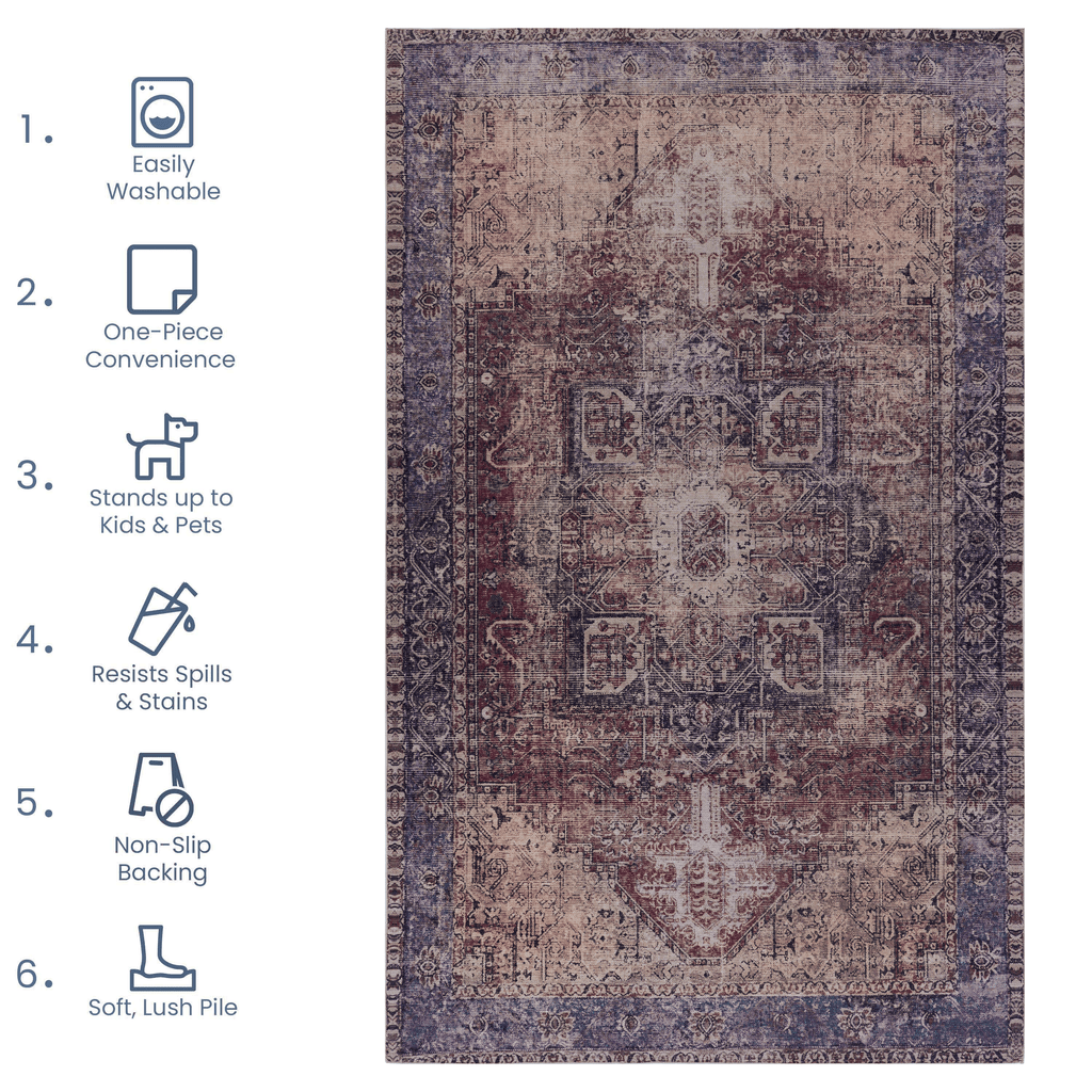 MAVAL Burgundy Washable Runner Rug 2'6'' x 10'