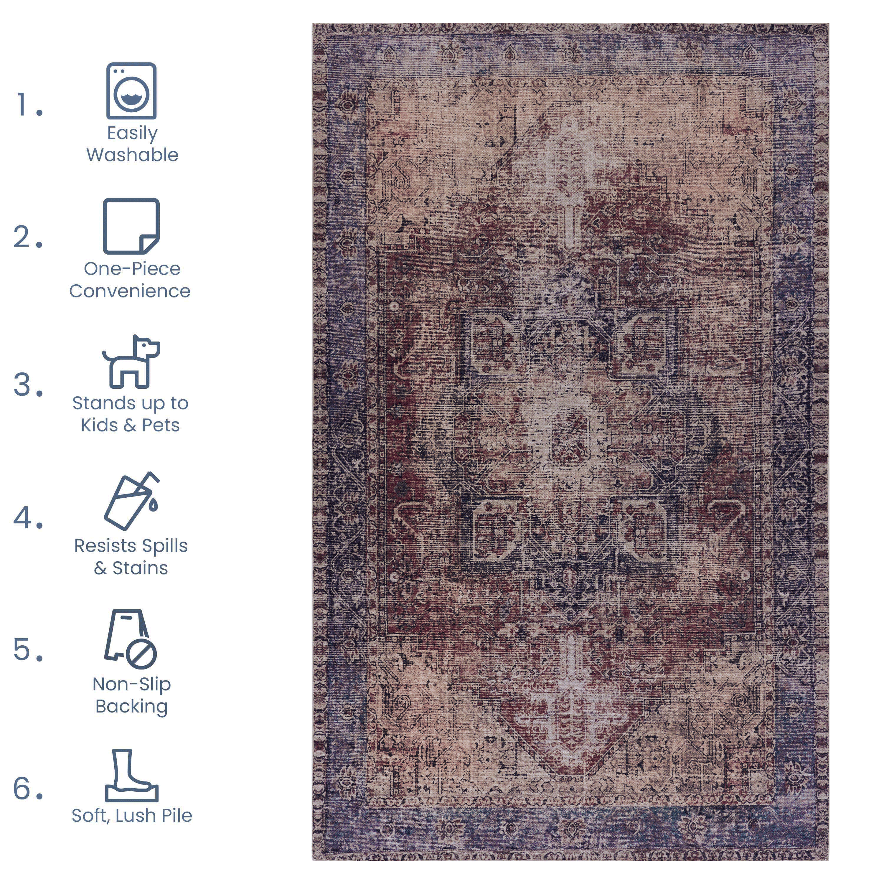 MAVAL Burgundy Washable Rug 5x8 Area Rug