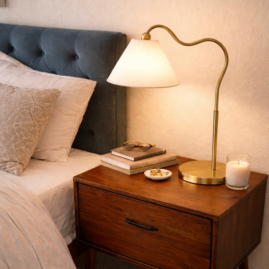 Ornate Brass Ring Base Curved Table Lamp