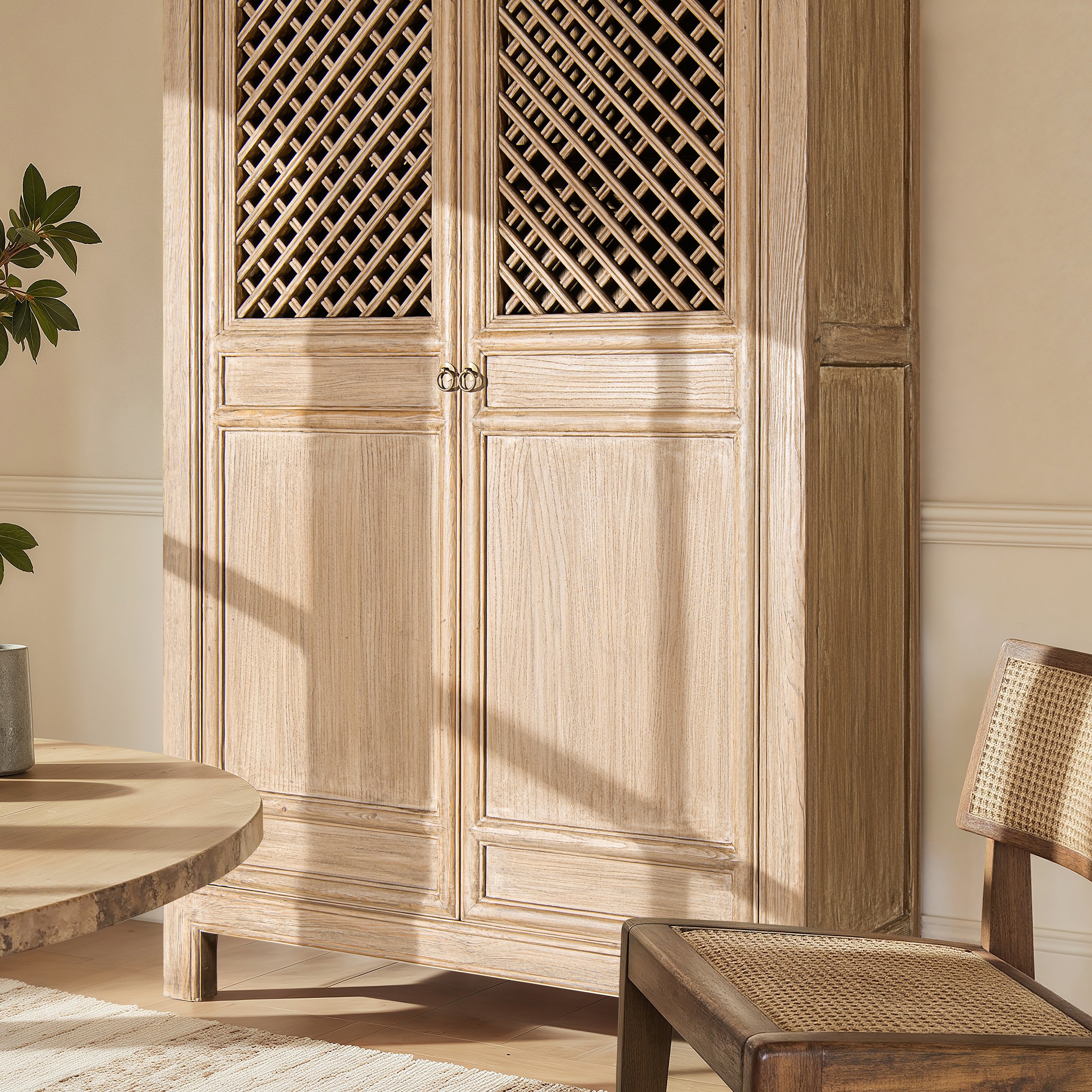 Arden 83" Tall Solid Reclaimed Pine Lattice 2-Door Bookcase