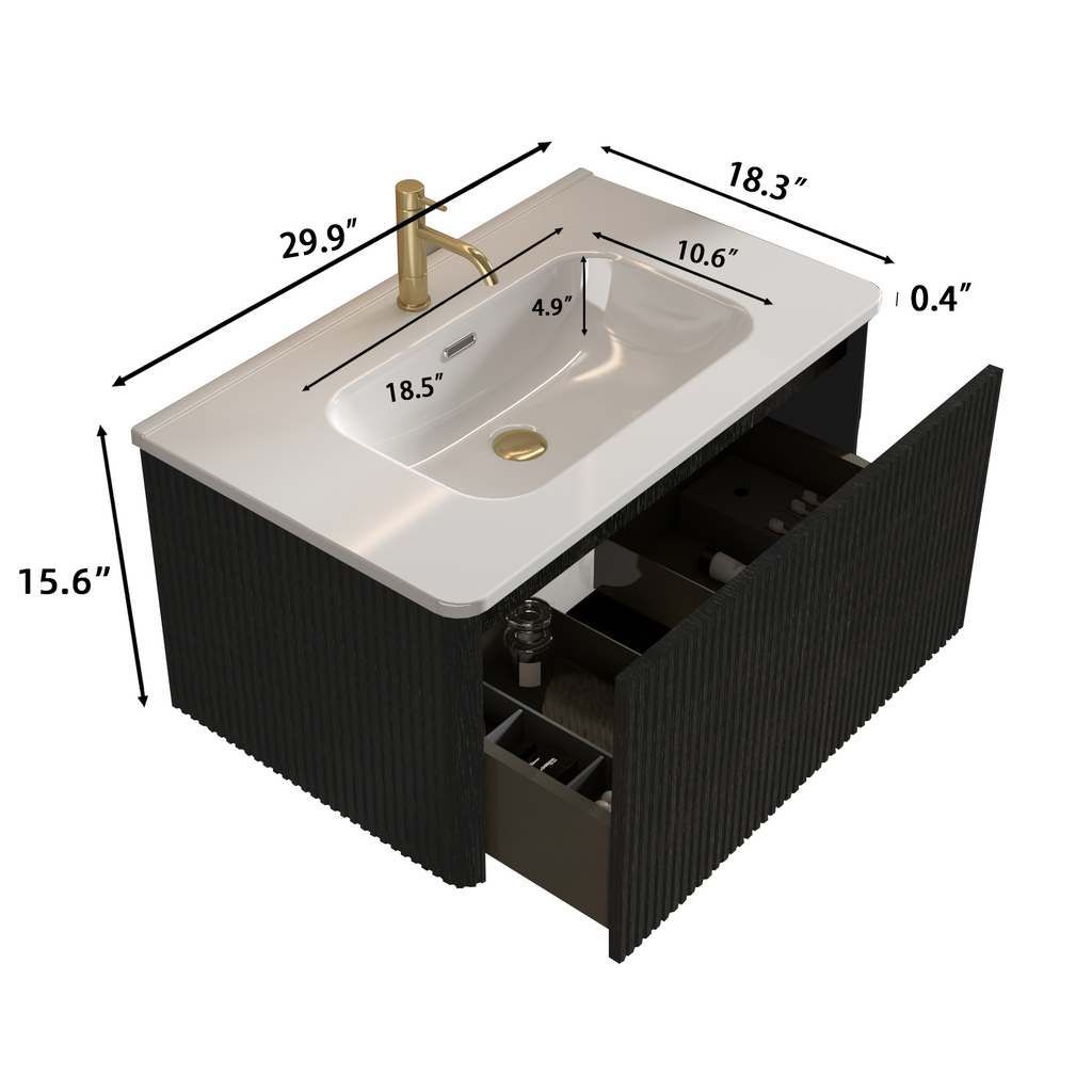 Etna 30-Inch Floating Bathroom Vanity, Black Melamine with White Ceramic Sink