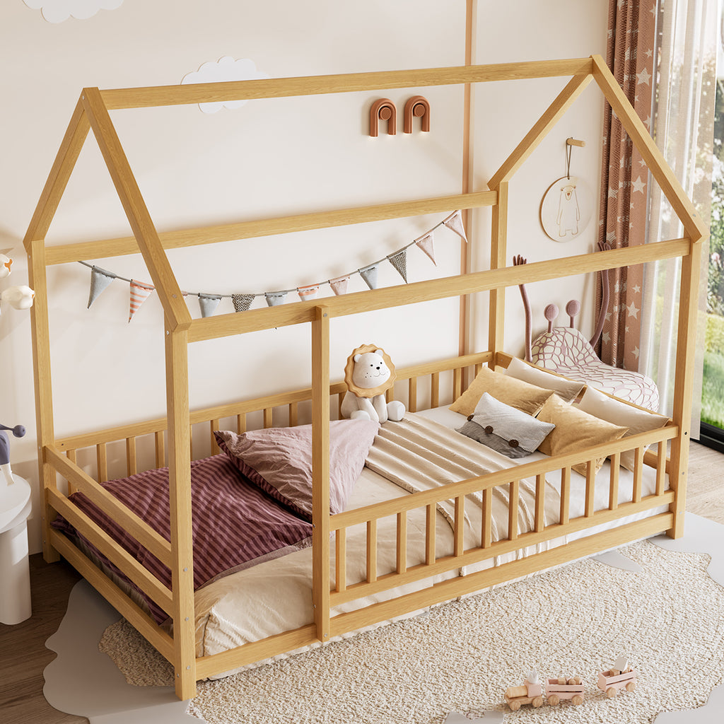 Twin Size Floor Wooden Bed with House Roof Frame