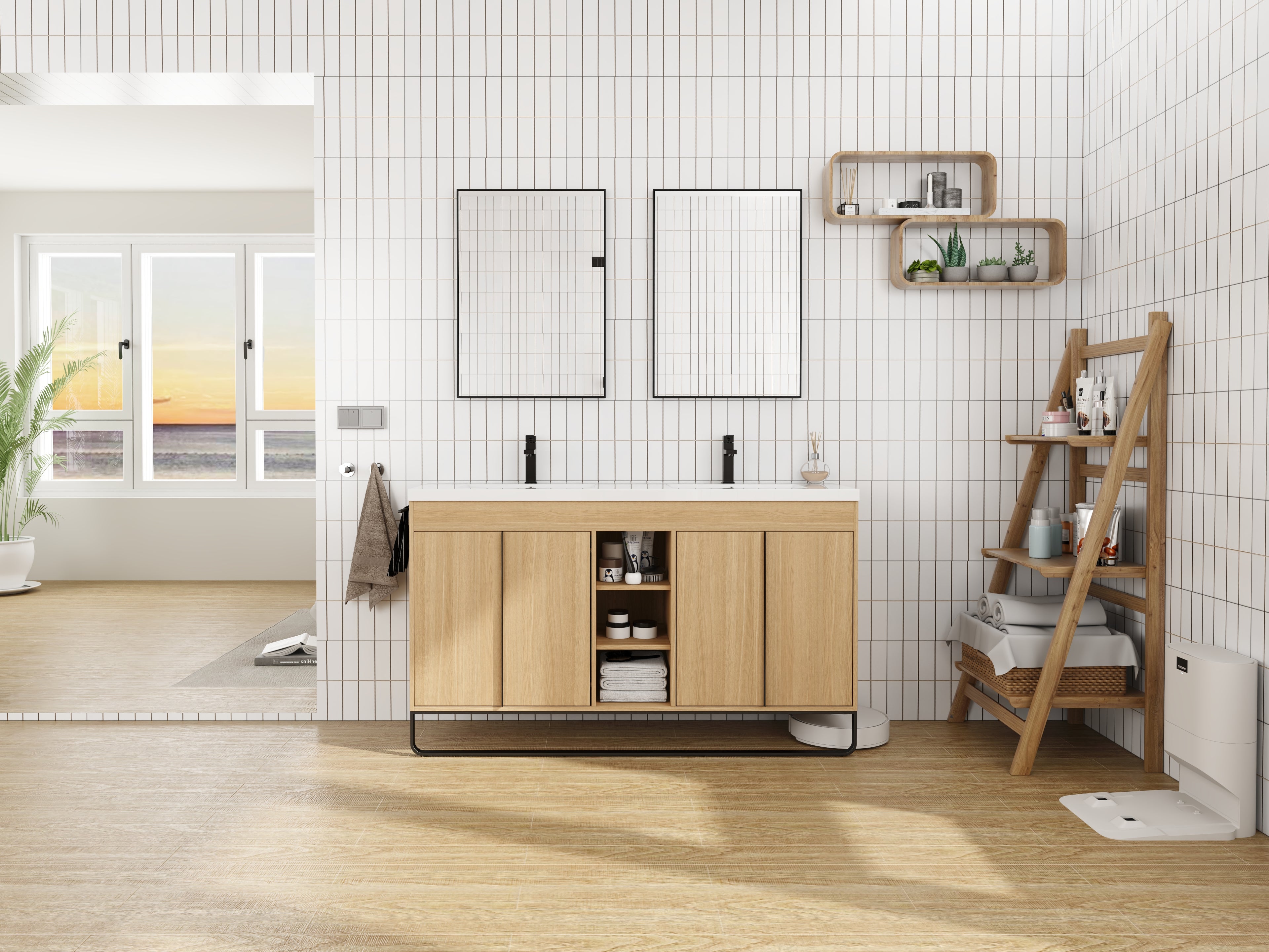 60" Freestanding Bathroom Vanity With Resin Double Sink
