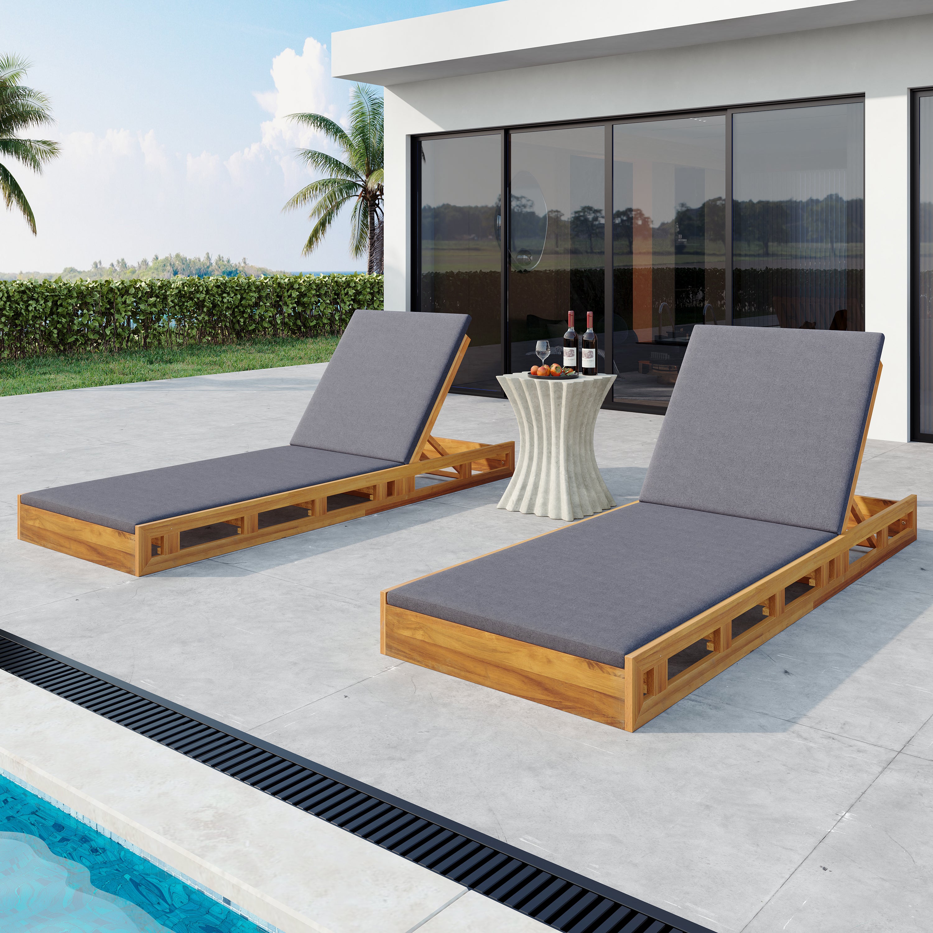 Acacia Wood Lounge Chaise Set With Water-Resistant Cushions