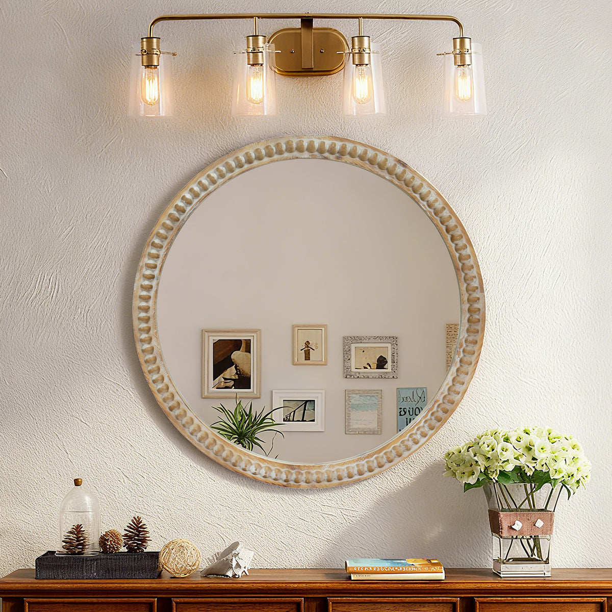 Round Decorative Wall Mirror, 35.43 Inches, Distressed Wood Beaded Frame, Natural Wood