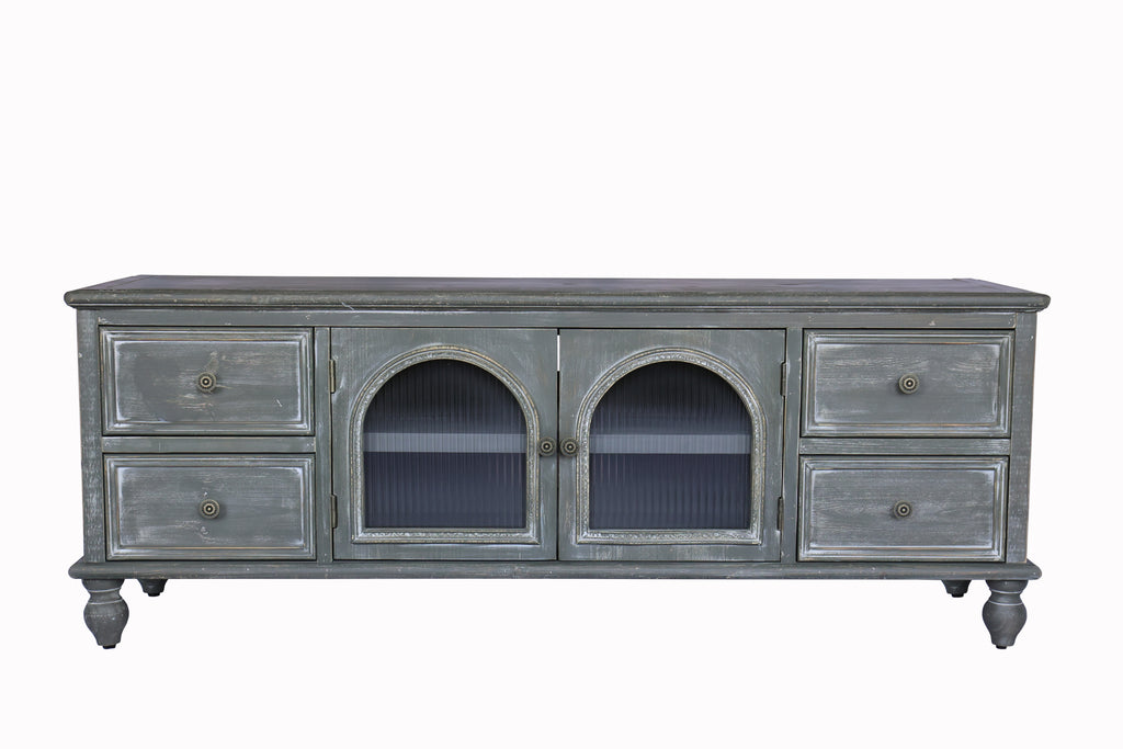 60" Farmhouse TV Stand with 4 Drawers & 2 Glass Doors