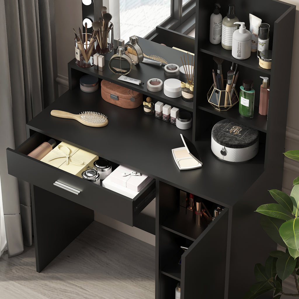 Vanity Desk with Mirror & Light, Large Drawer Three Level Storage Dresser
