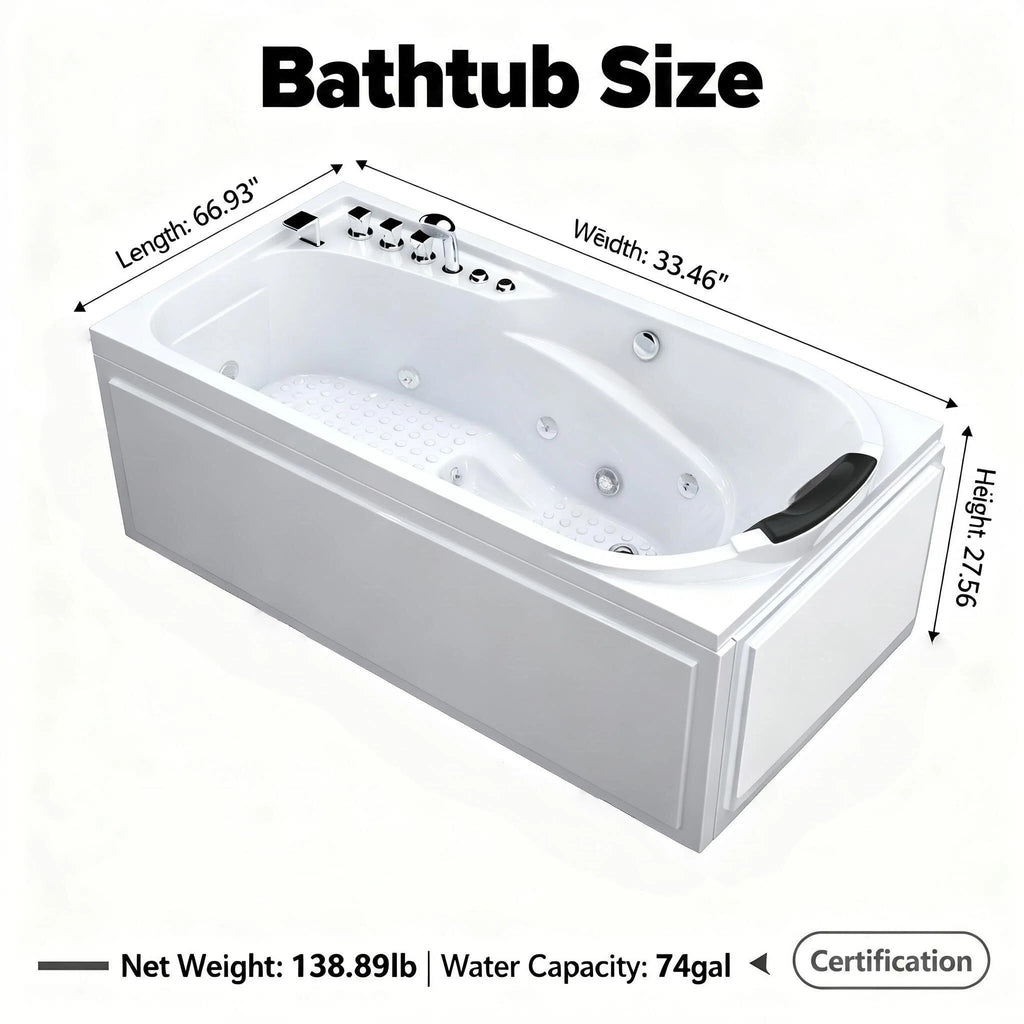 67 in. x 34 in. Acrylic Whirlpool Bathtub with Center Drain