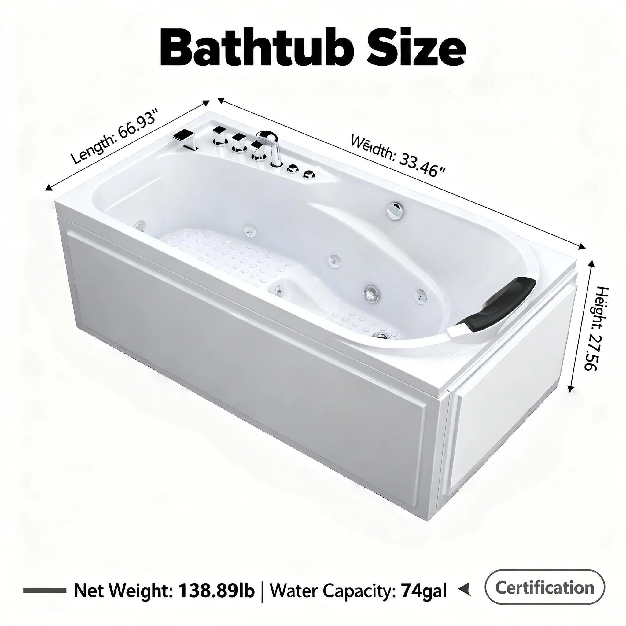 67 in. x 34 in. Acrylic Whirlpool Bathtub with Center Drain