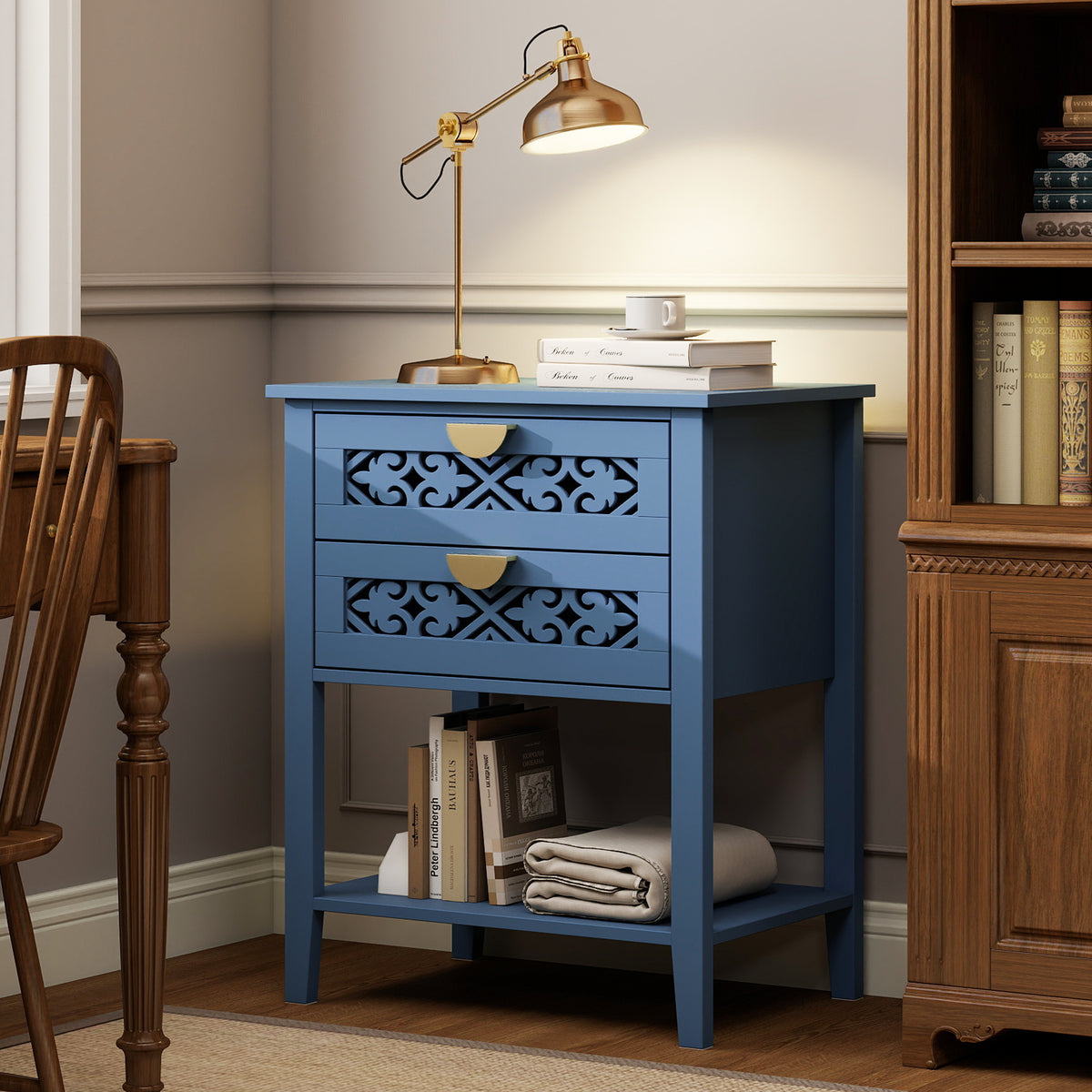 Dusty Blue 2-Drawer Nightstand with Carved Lattice Fronts, Gold Pulls