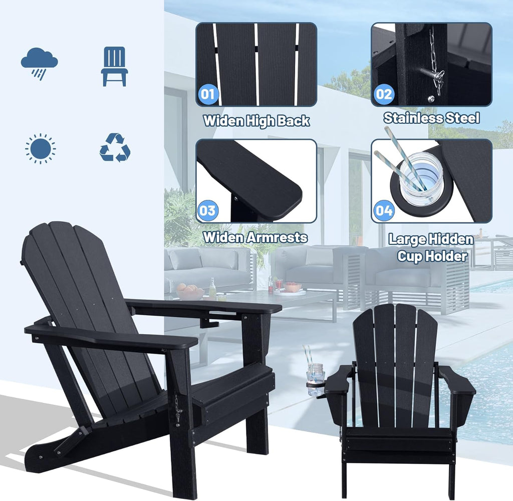 Folding Adirondack Chair with Cup Holder - Black