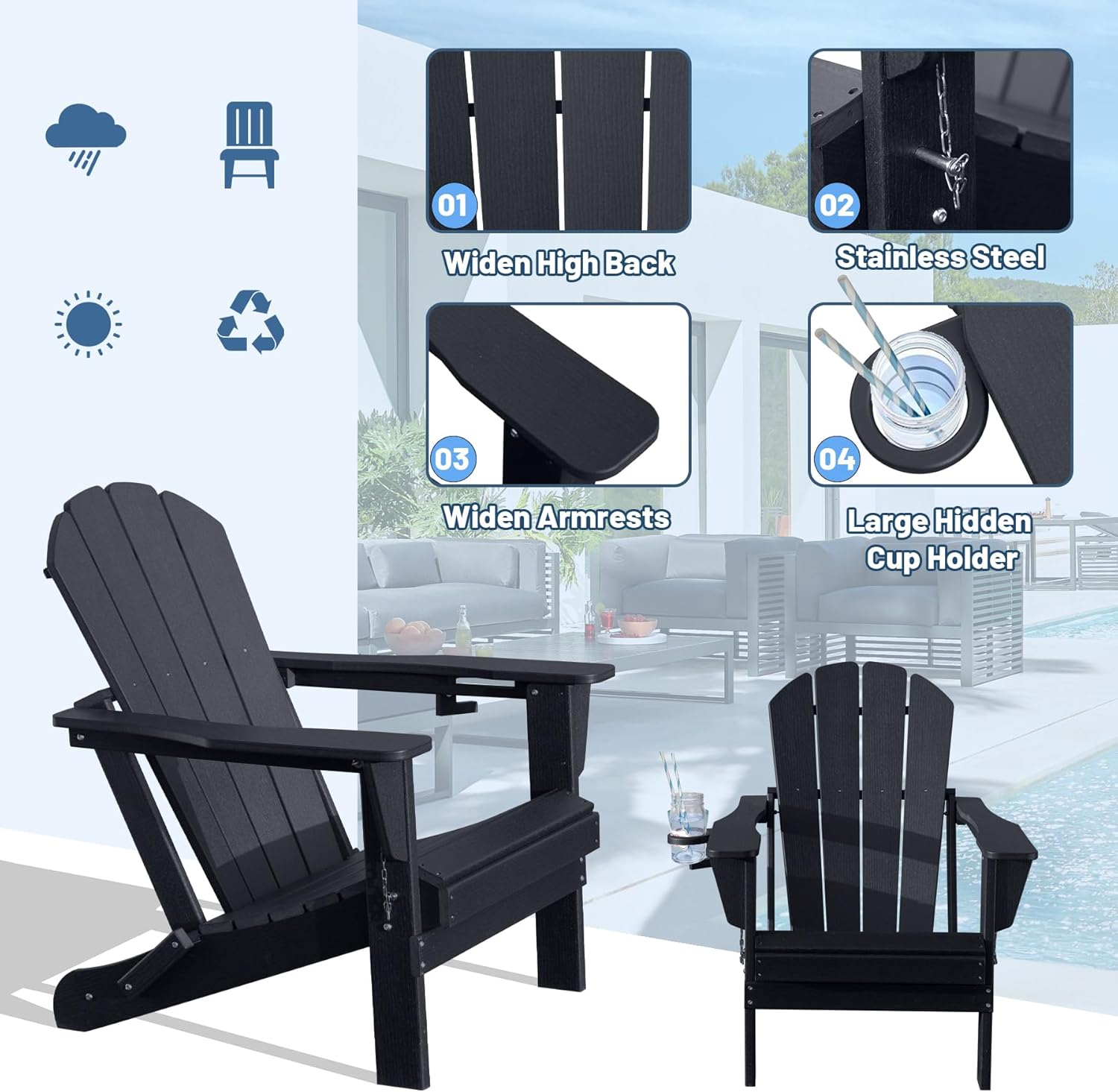 Folding Adirondack Chair with Cup Holder - Black