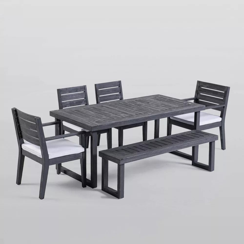 Outdoor 6-Seater Acacia Wood Dining Set with Bench