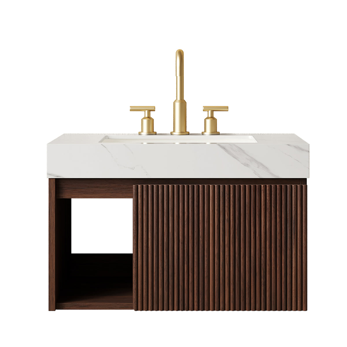 EIDEN 30-Inch Floating Bathroom Vanity with Ceramic Sink, Carrara White and Walnut