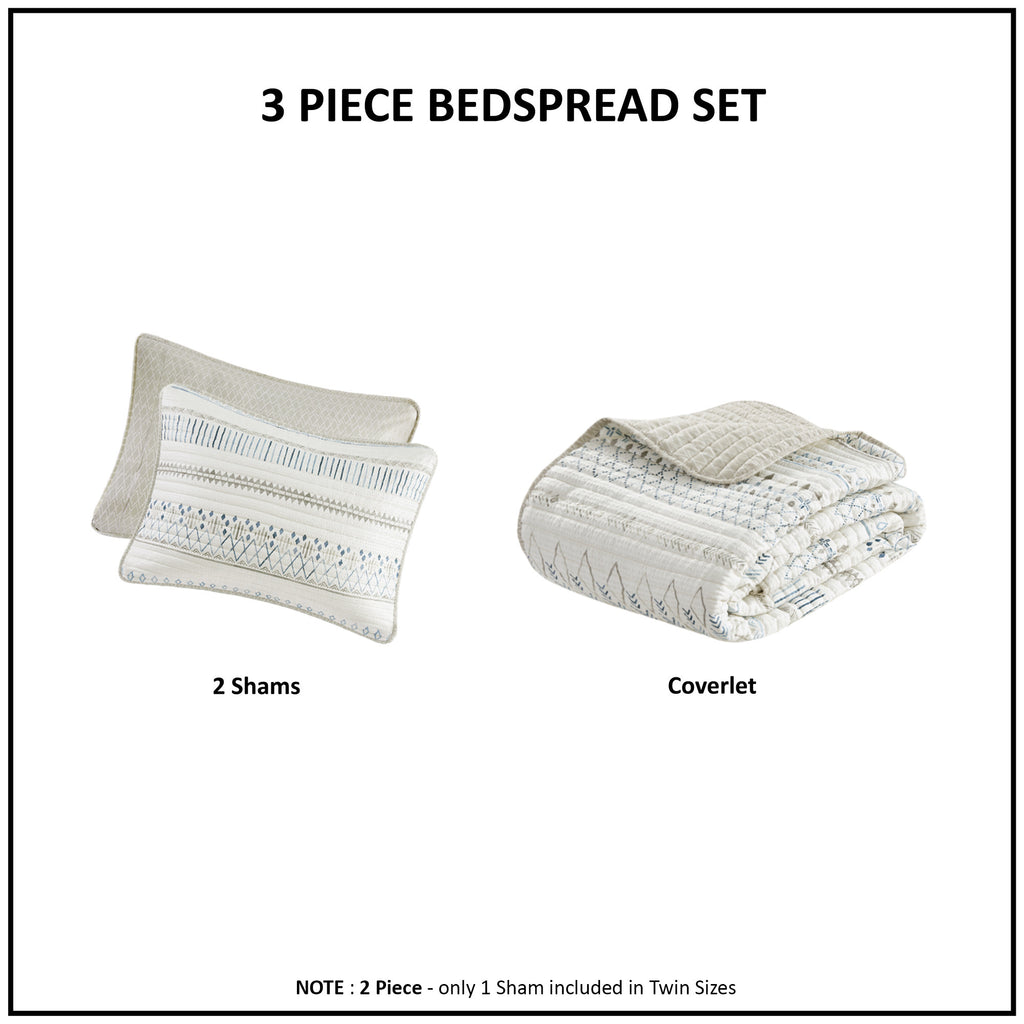 3 Piece Seersucker Quilt Set Taupe/Blue Full/Queen