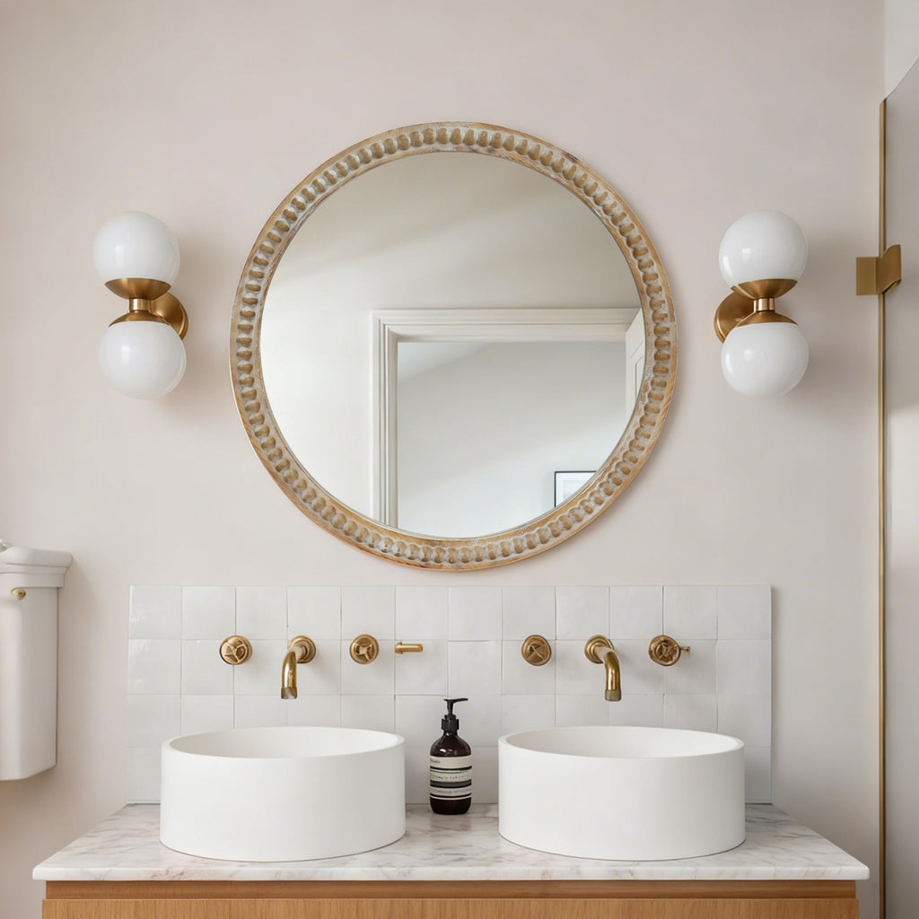 Round Decorative Wall Mirror, 35.43 Inches, Distressed Wood Beaded Frame, Natural Wood