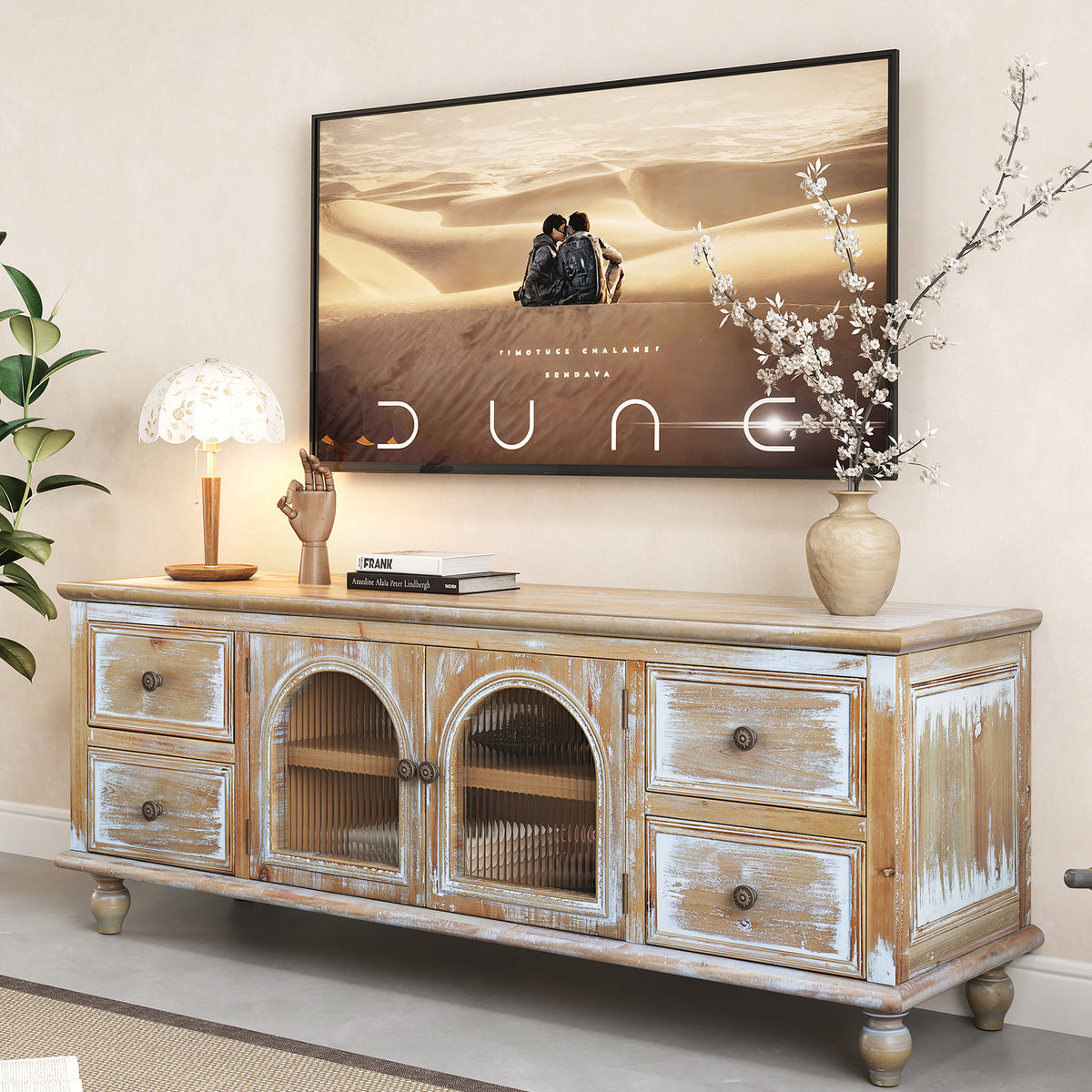 60" Farmhouse TV Stand with 4 Drawers & 2 Glass Doors, Rustic Wood Media Console, Distressed Entertainment Center for TV