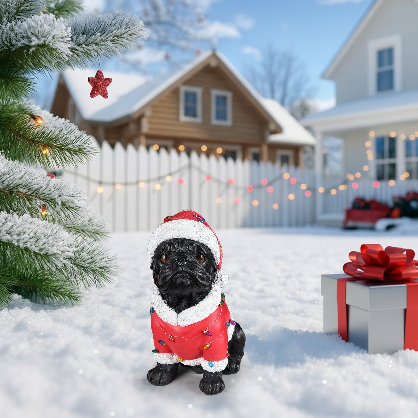Christmas Pug Statue, Holiday Dog Figurine in Santa Outfit