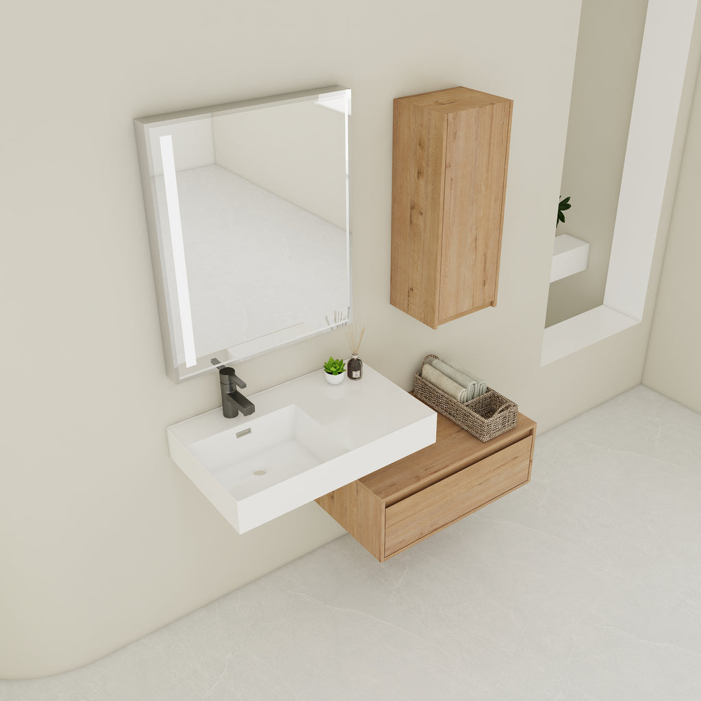 30 Inch Wall-Mounted Bathroom Vanity with Resin Sink and Side Cabinet