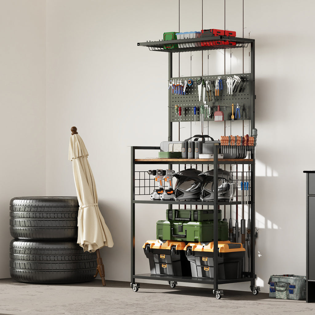 Fishing Rod Storage Rack with Pegboard and Lockable Wheels