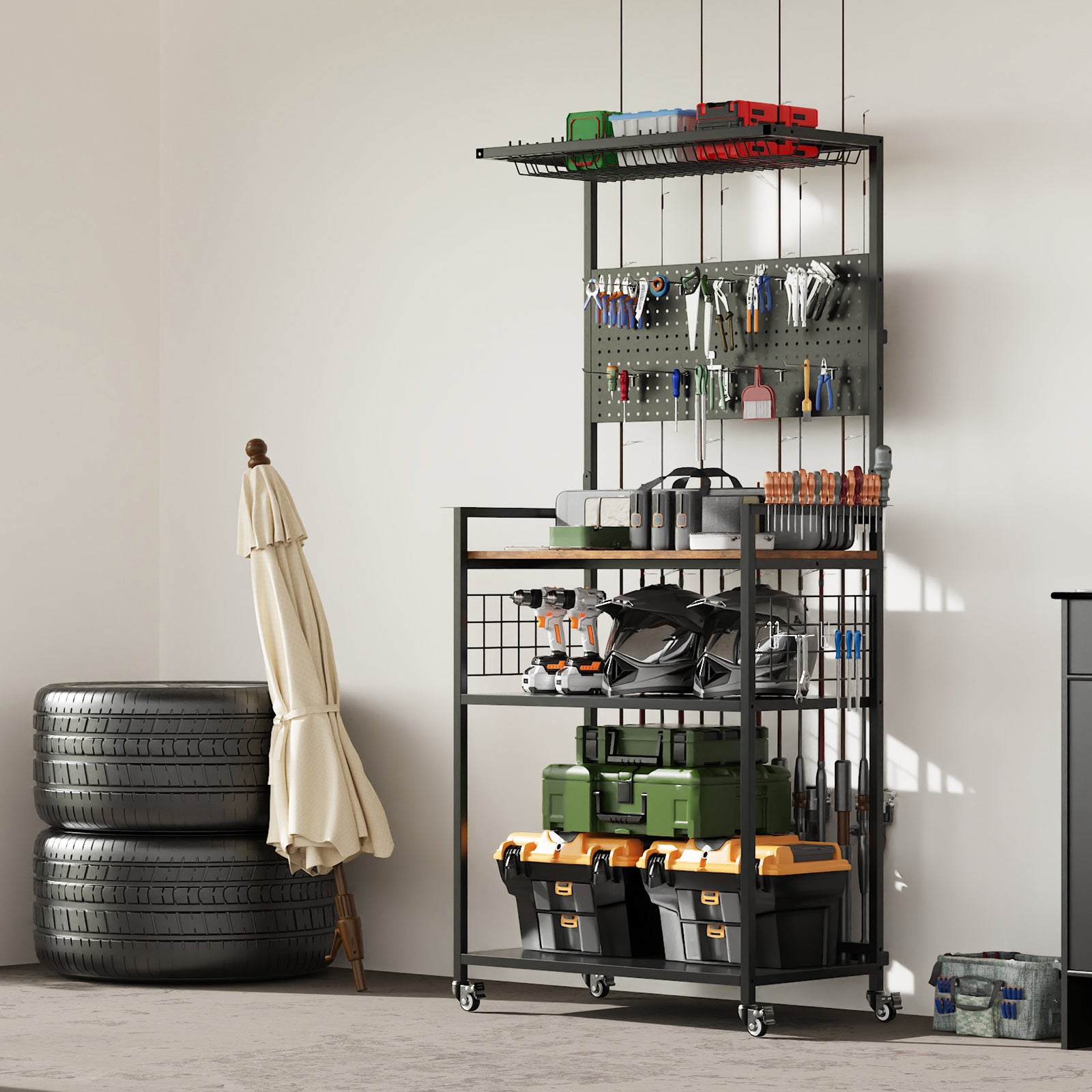 Fishing Rod Storage Rack with Pegboard and Lockable Wheels