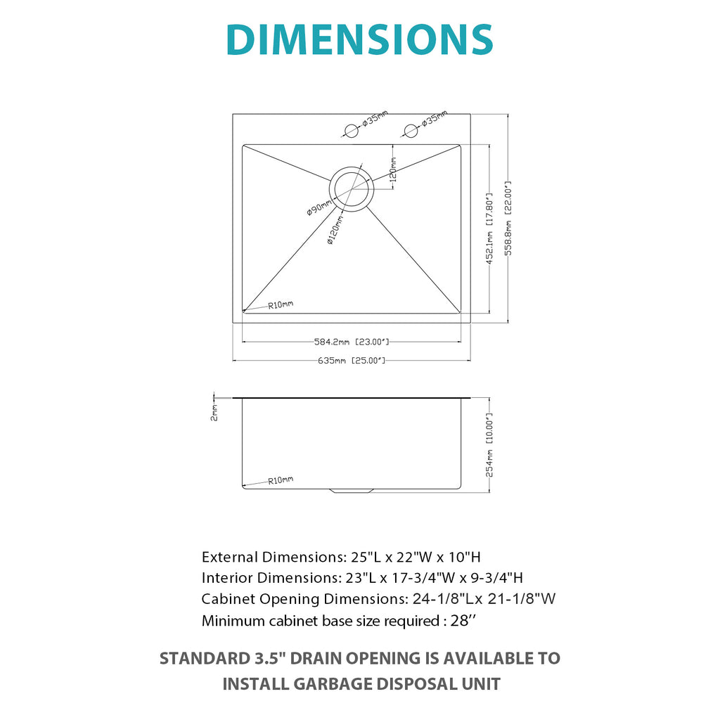 Stainless Steel Drop In Kitchen Sink - 25 x 22 x 10 Inch