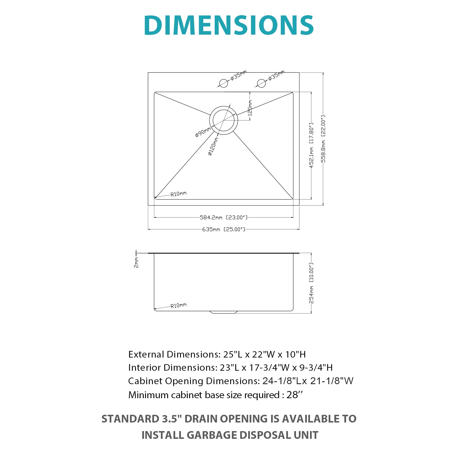 Stainless Steel Drop In Kitchen Sink - 25 x 22 x 10 Inch