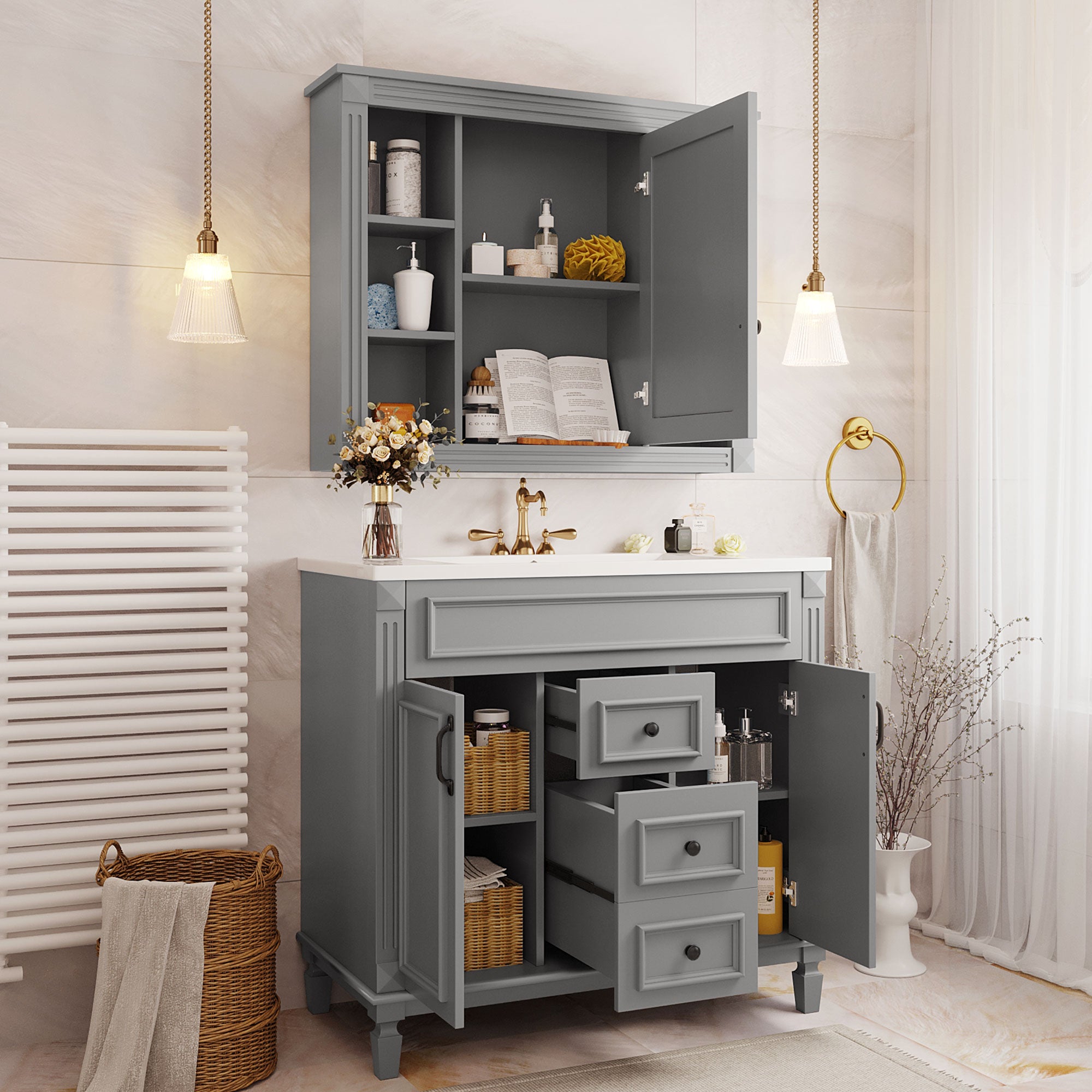 36" Bathroom Vanity with Top Sink, Mirror Cabinet